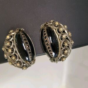 Vintage Pome Clip On Earrings Silver Tone Black Marcasite Rhinestone Pearl...